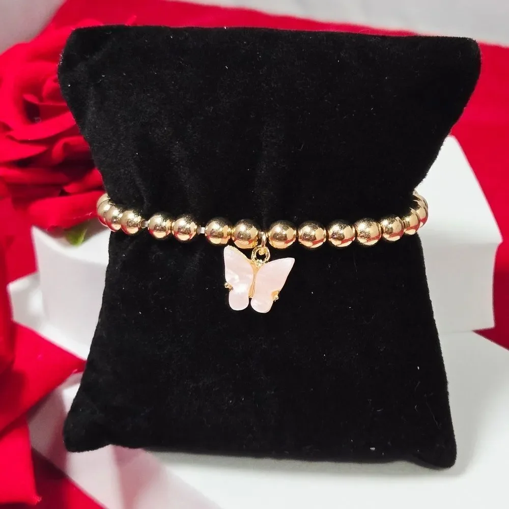 Pink Pearl Butterfly Charm Gold Beaded Bracelet Girls Tween Petite Spring Fairy